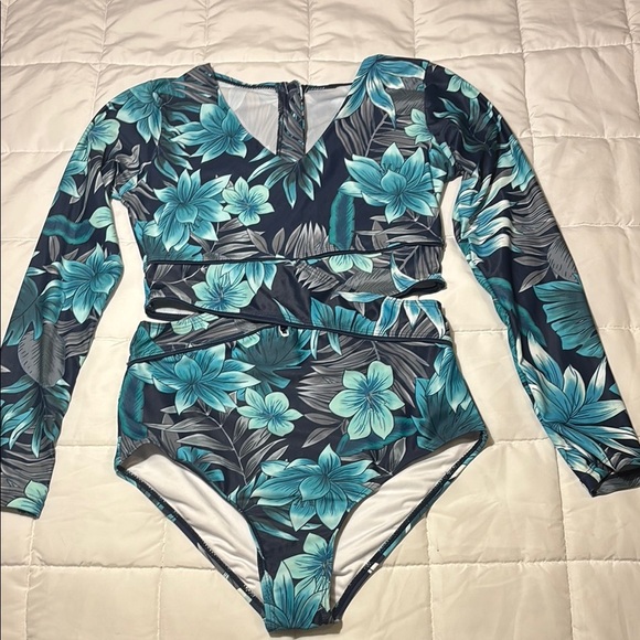 RashGaurd Long Sleeve One Piece Swimsuit Floral Blue Teal - Picture 3 of 16